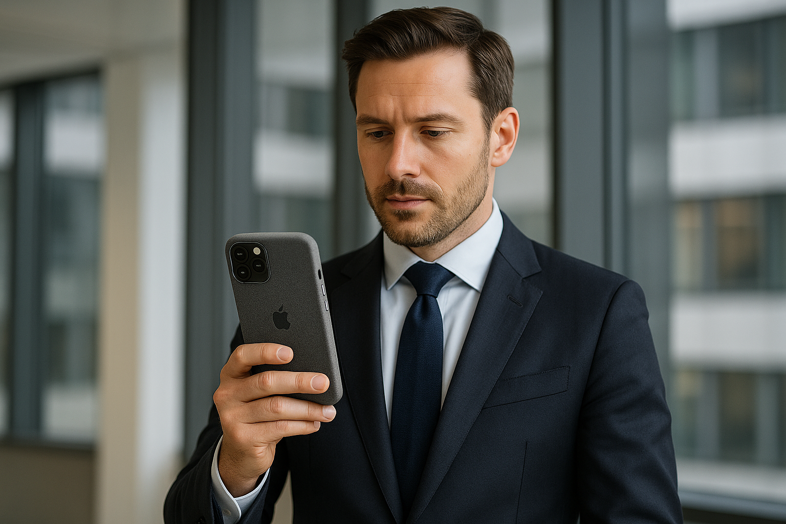 biznesmen z iphone z etui z alcantary