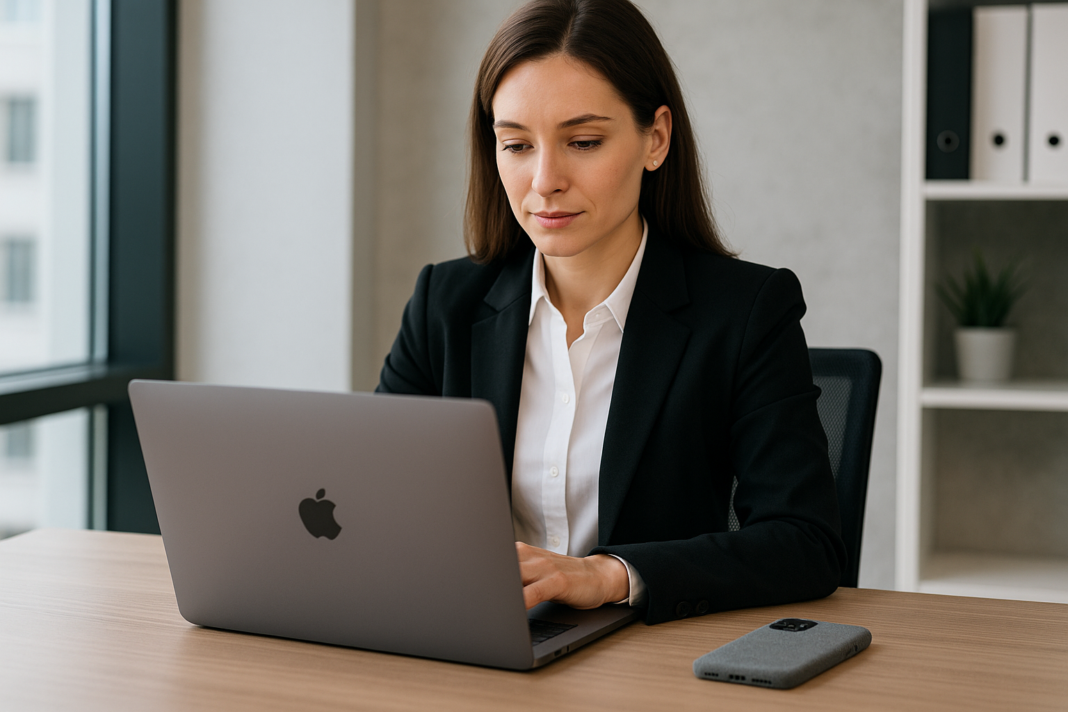 kobieta biznesu siędząca przy biurku przy mac book pro i z iphone z casem z alcantary